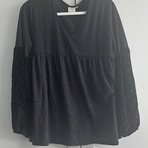 Southern Grace Black Blouse with Textured Sleeves Burnout